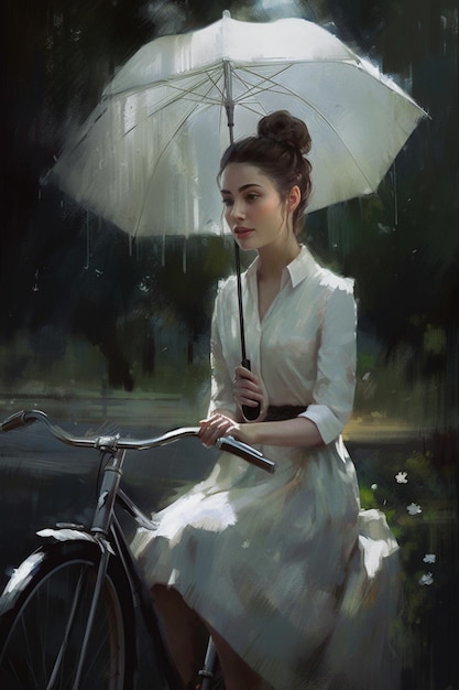 Uma mulher em um vestido branco está sentada em uma bicicleta e segurando um guarda-chuva.
