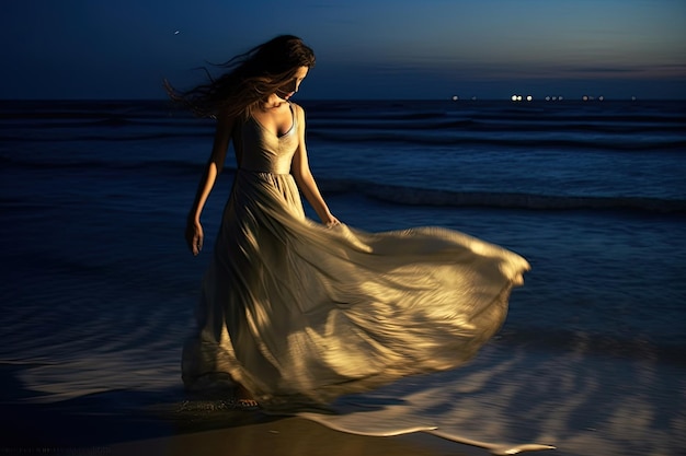 Uma mulher em um vestido branco fica na água ao pôr do sol.