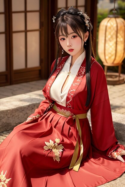 Uma mulher em um vestido chinês vermelho senta-se em uma pedra.