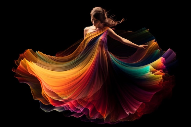 Uma mulher em um vestido com a palavra arco-íris