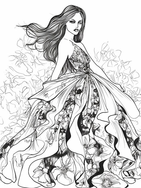 uma mulher em um vestido com flores e borboletas ai generativa