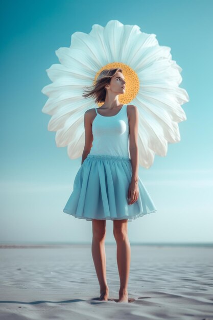 Uma mulher em um vestido com uma flor na cabeça