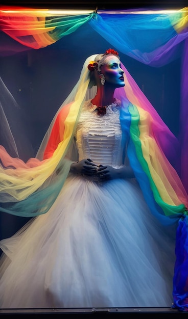 Uma mulher em um vestido de arco-íris fica na frente de um fundo escuro.