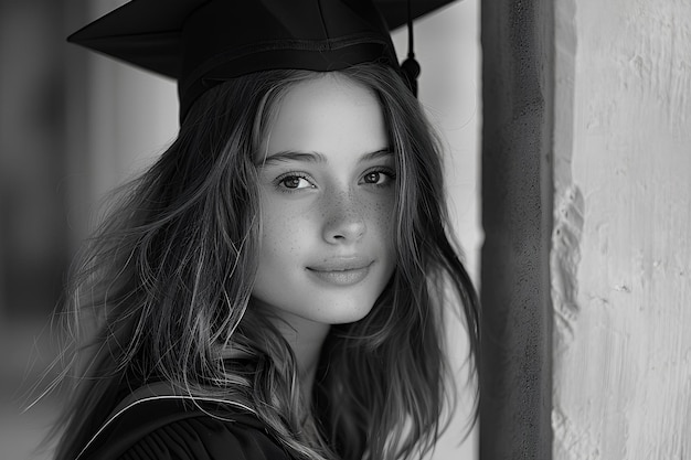 Uma mulher em um vestido de formatura e boné posando para uma foto com o cabelo soprando no vento e um