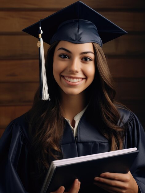 Uma mulher em um vestido de formatura segurando um livro Ela está sorrindo e usando um boné de formatura Conceito de realização e orgulho em sua conquista acadêmica