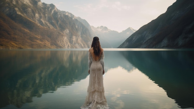 Uma mulher em um vestido de noiva em pé em um belo lago de montanha