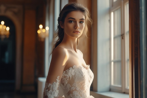 Foto uma mulher em um vestido de noiva está em frente a uma janela.