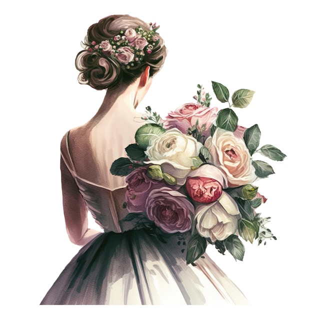 Uma mulher em um vestido de noiva segura um buquê de rosas.