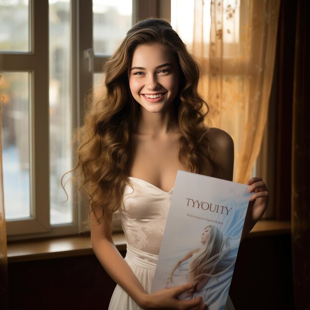 Foto uma mulher em um vestido de noiva segurando uma revista.