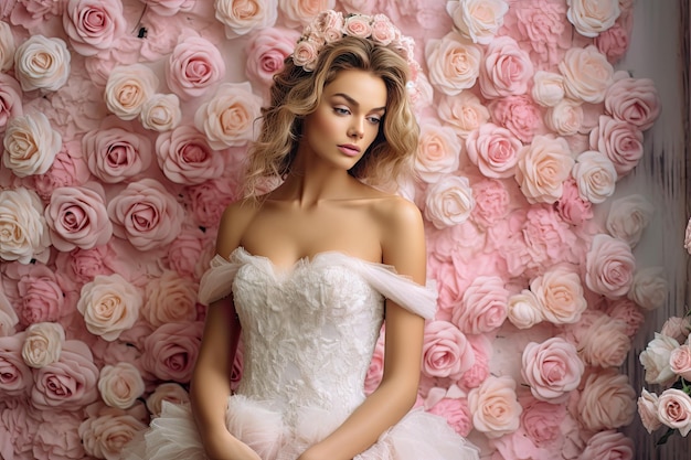 Uma mulher em um vestido de noiva senta-se em frente a uma parede de rosas.