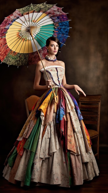 Uma mulher em um vestido de plástico reciclado multicolorido Idéia de fantasia reciclada por IA