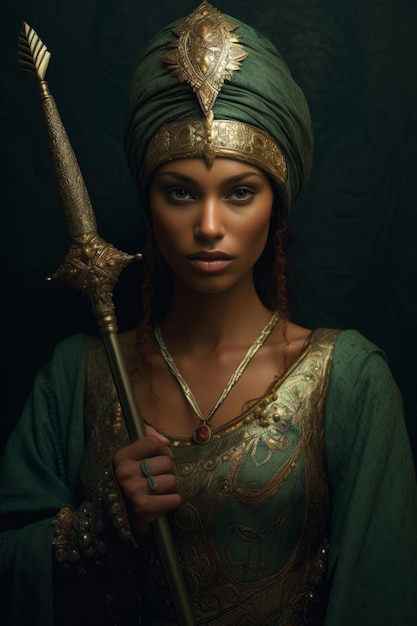 Uma mulher em um vestido egípcio verde segura uma espada.