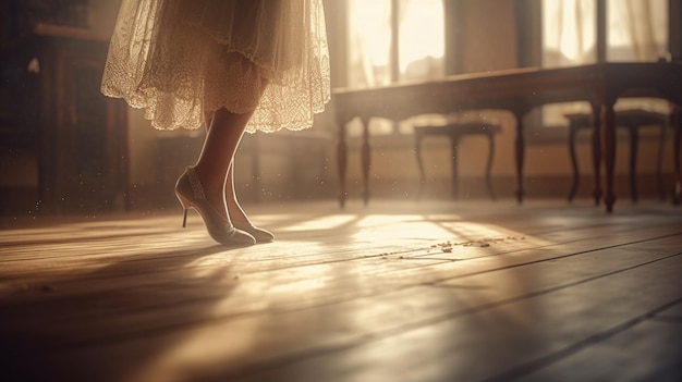 Uma mulher em um vestido está em um piso de madeira em uma sala com uma janela e o sol brilhando pela janela.