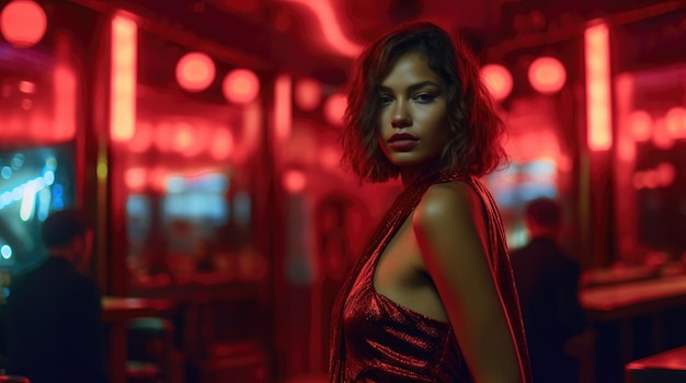 Uma mulher em um vestido fica em um bar com iluminação neon vermelha gerada por IA