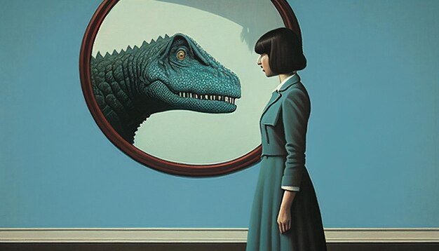 Foto uma mulher em um vestido fica na frente de um espelho que diz 'o dinossauro'