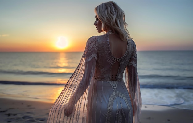 Uma mulher em um vestido fica na praia olhando o pôr do sol