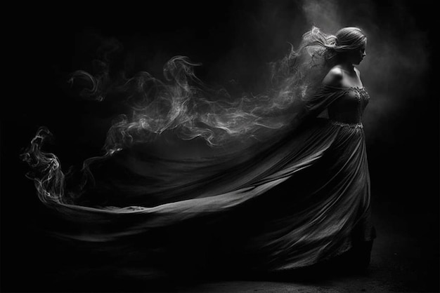 Uma mulher em um vestido longo com um véu ao vento.