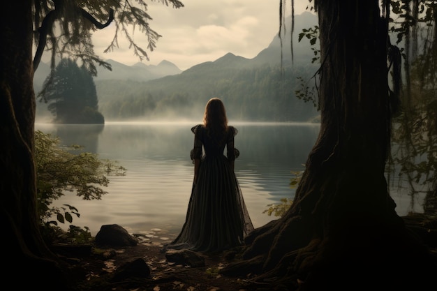 uma mulher em um vestido longo fica na frente de um lago