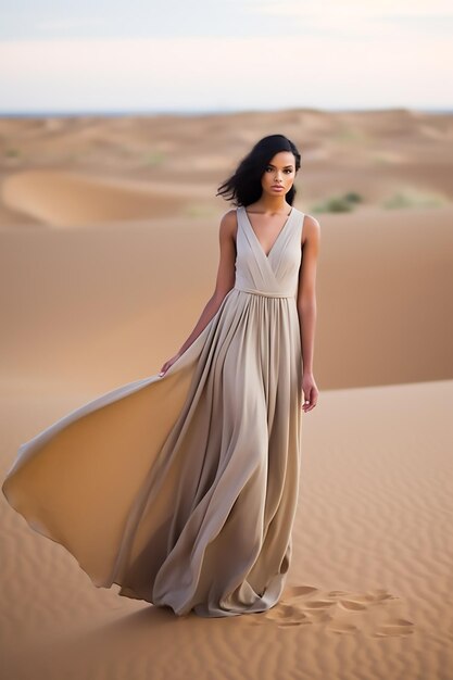 Uma mulher em um vestido longo fica no deserto