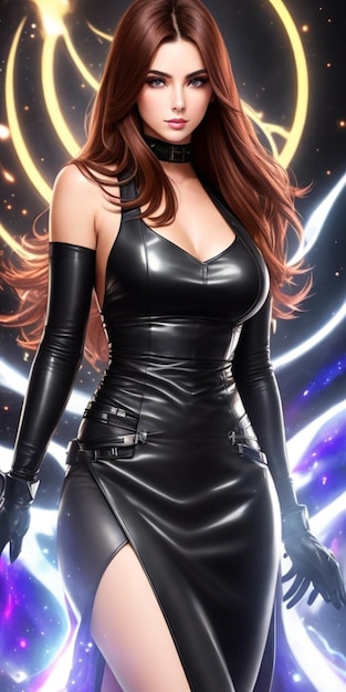 Uma mulher em um vestido preto com um cabelo ruivo