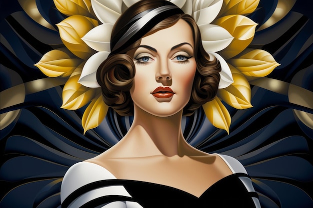 uma mulher em um vestido preto e branco com flores na cabeça