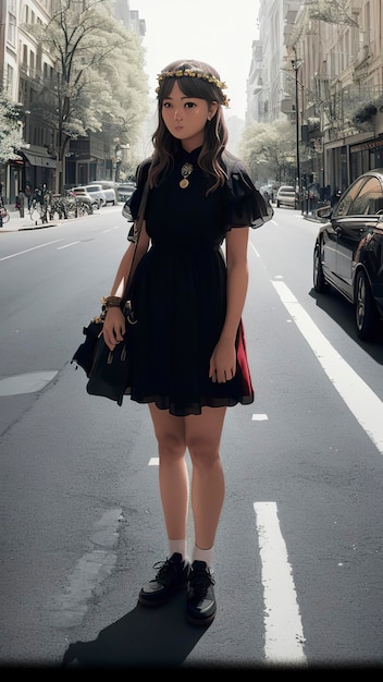 Uma mulher em um vestido preto fica na rua usando um vestido preto com um botão dourado