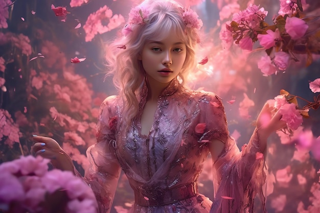 Uma mulher em um vestido rosa com flores na cabeça está em frente a um fundo rosa.