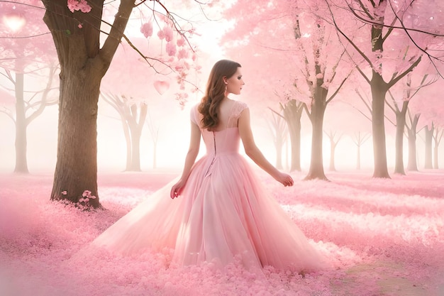 Uma mulher em um vestido rosa está em um campo de árvores cor de rosa.