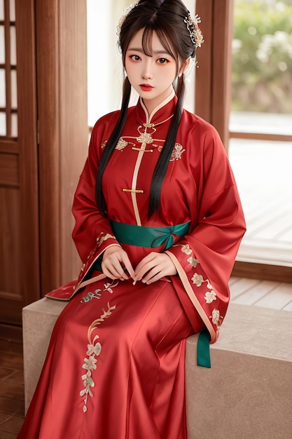 Foto uma mulher em um vestido tradicional chinês vermelho
