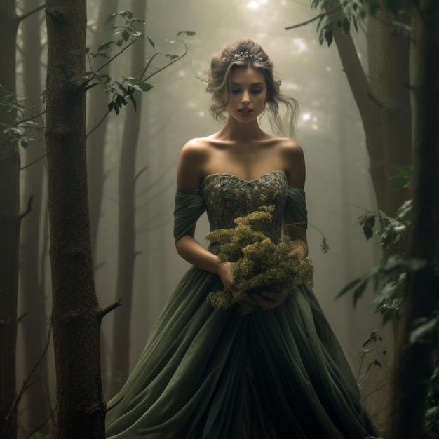 uma mulher em um vestido verde segurando um buquê de flores em uma floresta