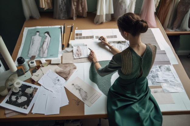 Uma mulher em um vestido verde sentado em uma imagem de ai generativa de mesa