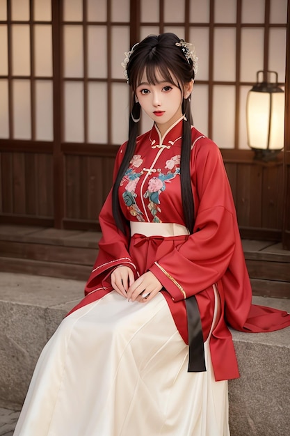 Uma mulher em um vestido vermelho chinês hanfu