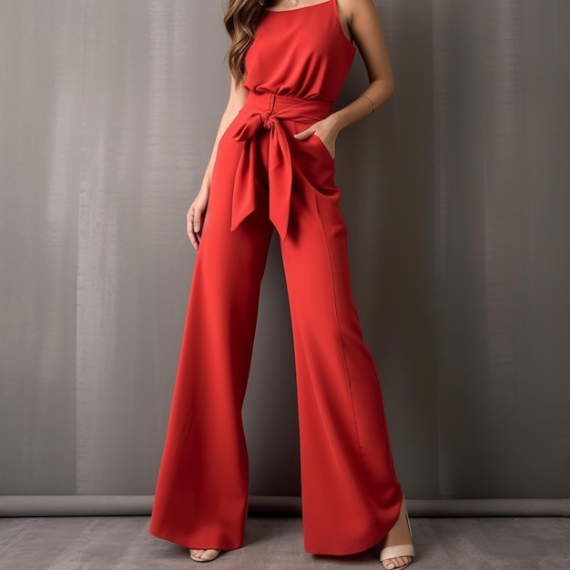 Uma mulher em um vestido vermelho com um laço vermelho no pescoço.