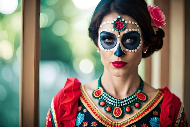 Uma mulher em um vestido vermelho com uma maquiagem de caveira de açúcar.