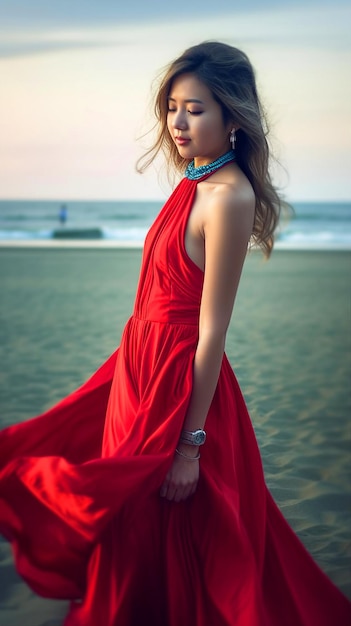 Uma mulher em um vestido vermelho em uma praia