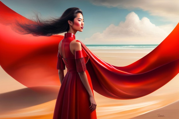 Uma mulher em um vestido vermelho está em uma praia com um céu azul ao fundo.