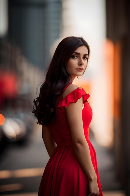 Uma mulher em um vestido vermelho fica na rua
