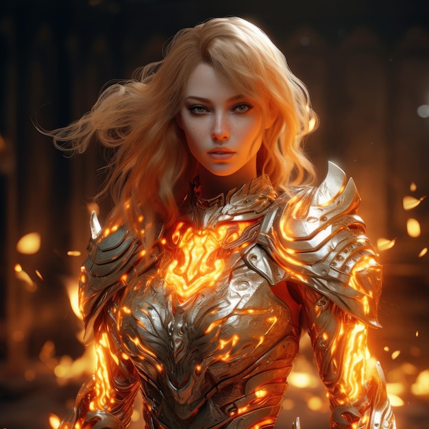 uma mulher em uma armadura com chamas no corpo