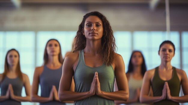 Foto uma mulher em uma aula de ioga com as mãos no ar