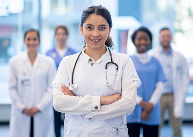 Foto uma mulher em uma bata de laboratório branca está na frente de outras pessoas estudantes de medicina retrato foto de estoque