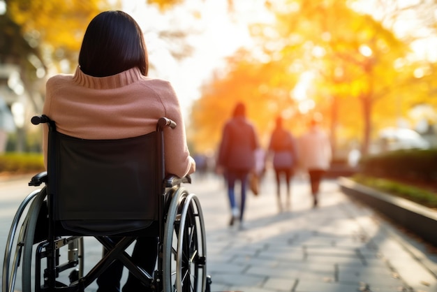 uma mulher em uma cadeira de rodas andando pela calçada com determinação