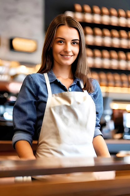 Uma mulher em uma cafeteria vestindo um avental