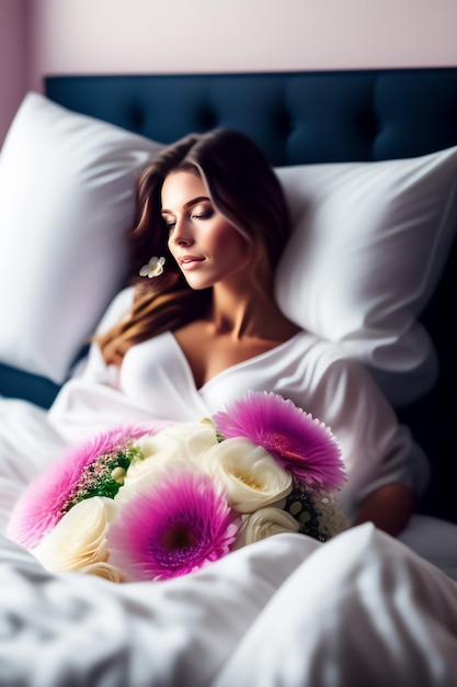Uma mulher em uma cama com um buquê de flores