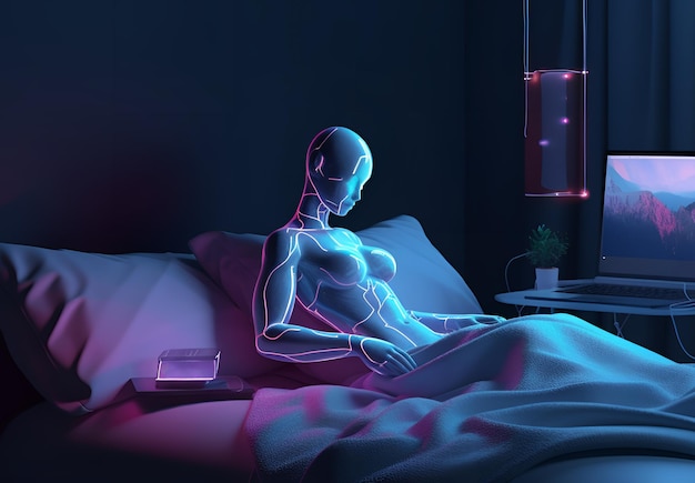 Uma mulher em uma cama com uma luz neon rosa e azul atrás dela.