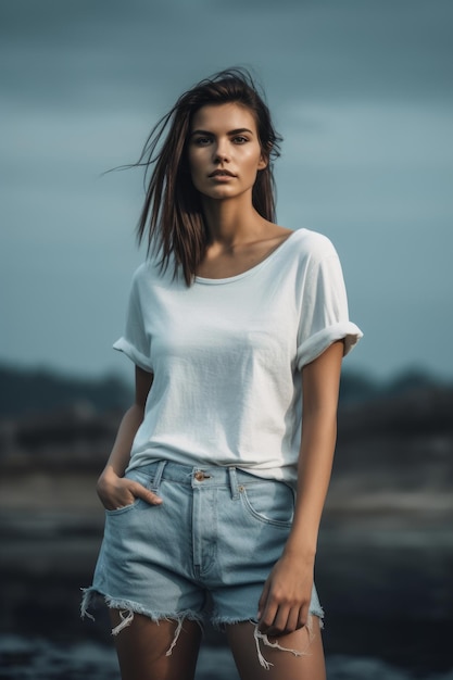 Uma mulher em uma camisa branca e jeans fica em uma praia