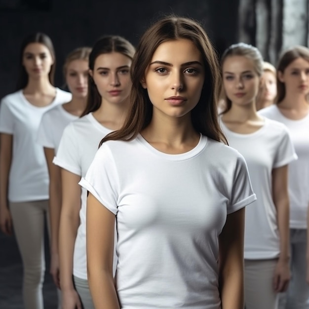 Uma mulher em uma camiseta branca está em uma fila de mulheres.
