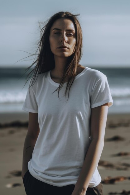 Uma mulher em uma camiseta branca