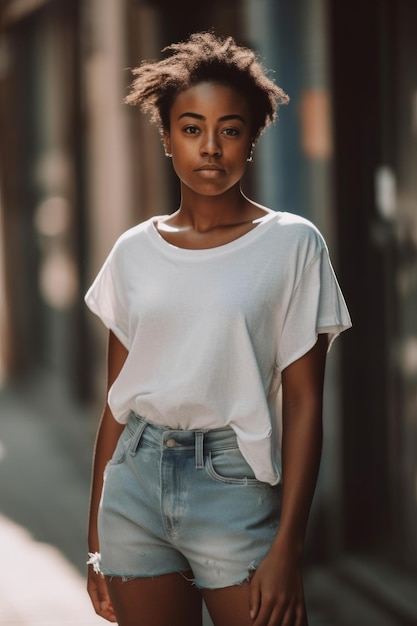 Uma mulher em uma camiseta branca