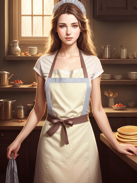 Uma mulher em uma cozinha com um avental branco que diz 'waffles'