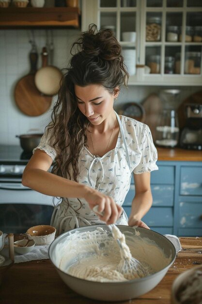 Foto uma mulher em uma cozinha misturando ingredientes em uma tigela